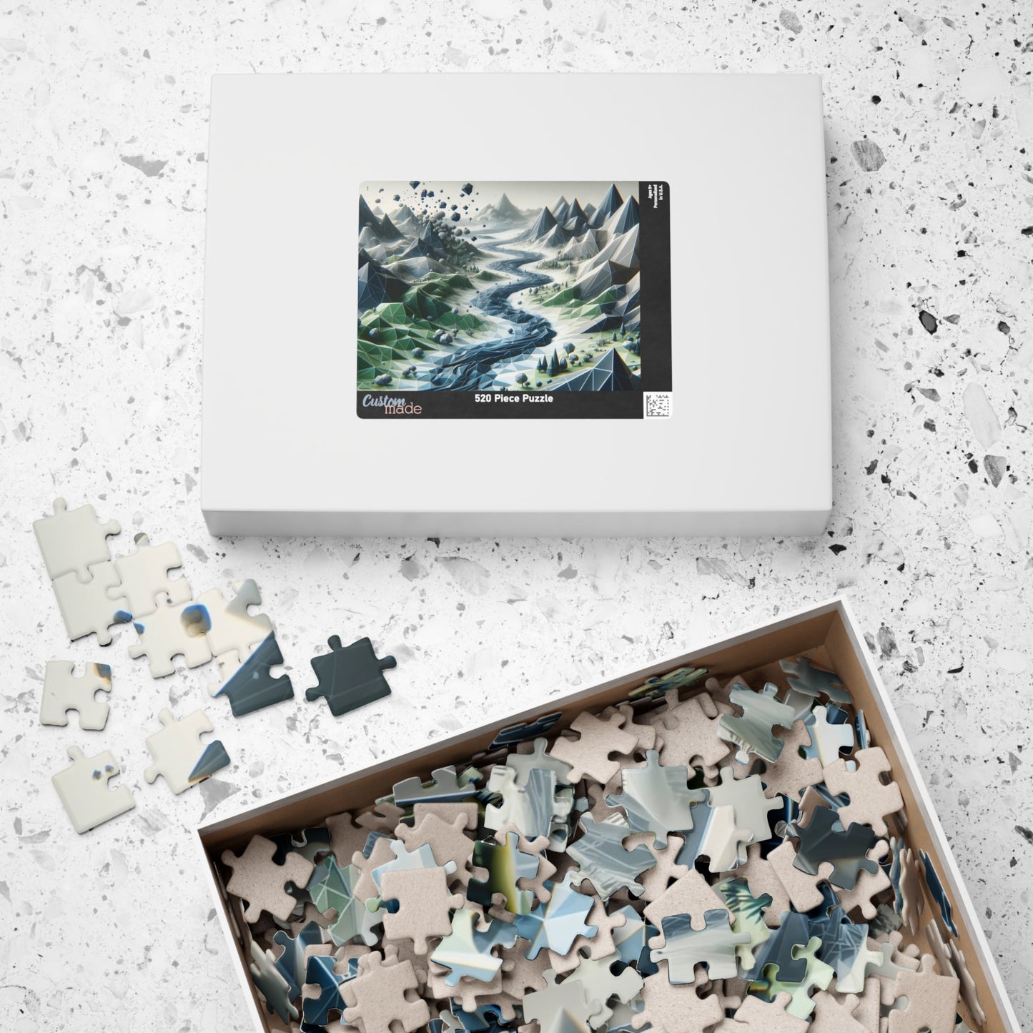 Faceted Mountain Range Puzzle - Low-Poly Landscape with River Valley