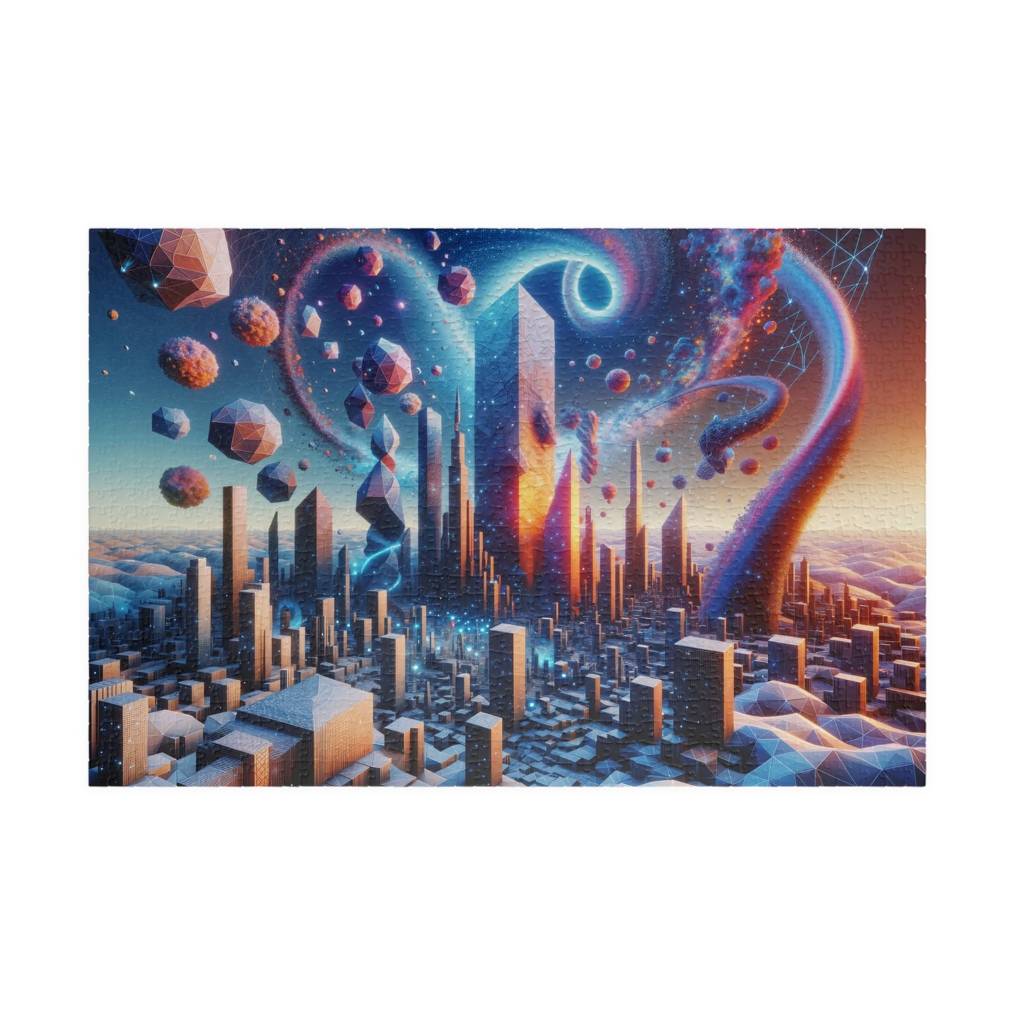 Cosmic Energy Cityscape Puzzle - Futuristic Metropolis with Swirling Patterns