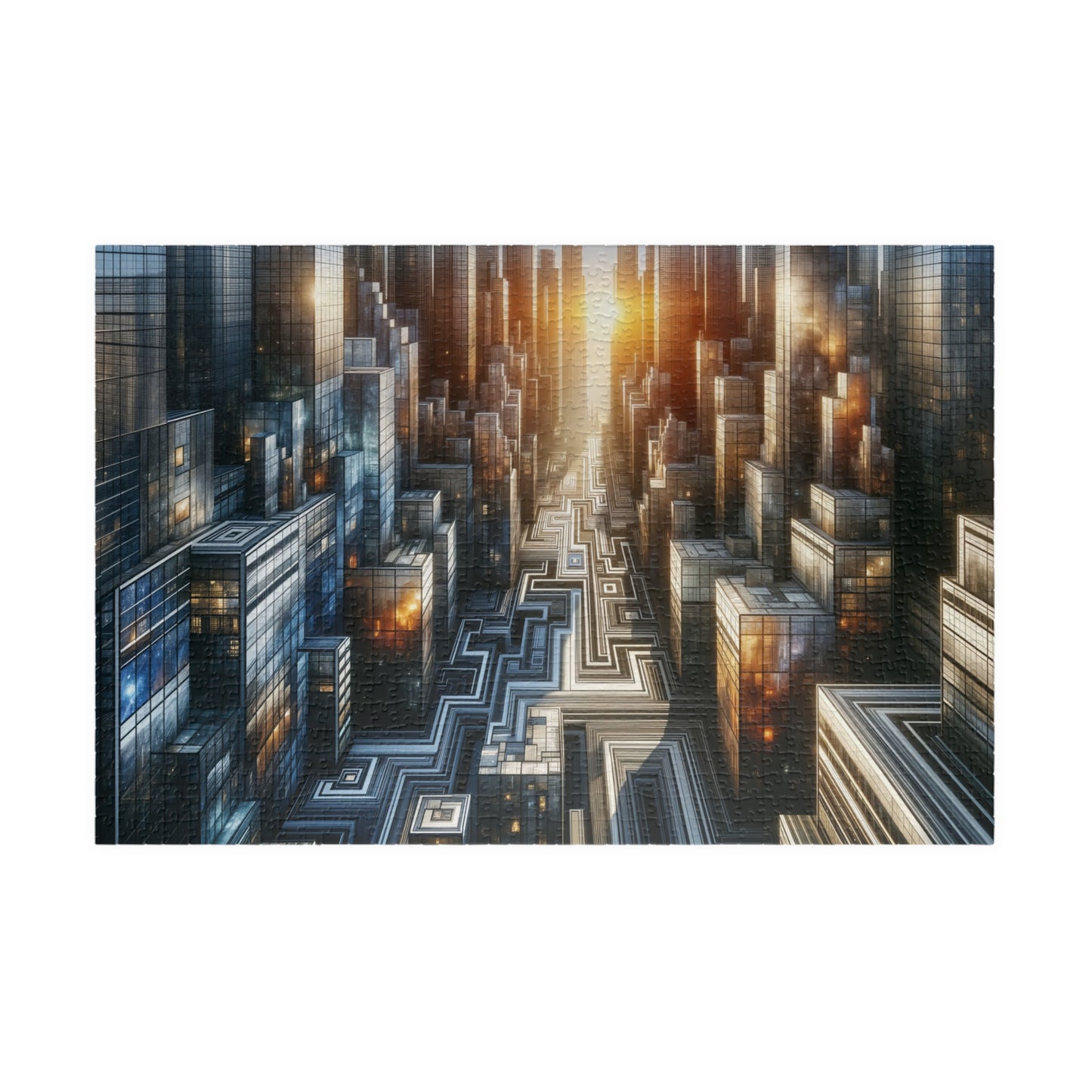 Circuit City Puzzle - Futuristic Glowing Skyscrapers with Geometric Streets