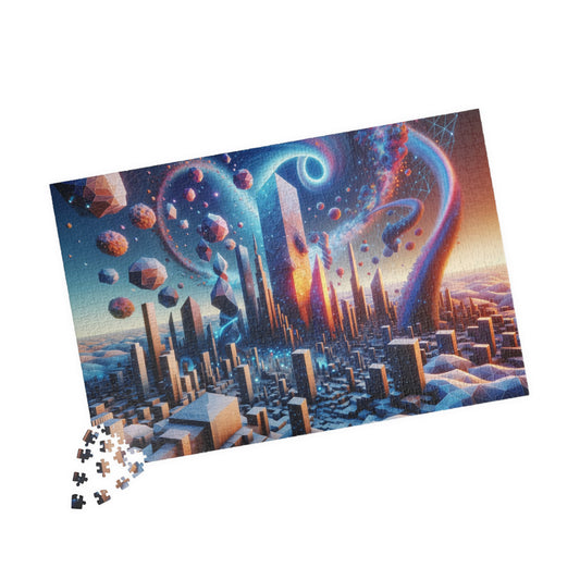Cosmic Energy Cityscape Puzzle - Futuristic Metropolis with Swirling Patterns