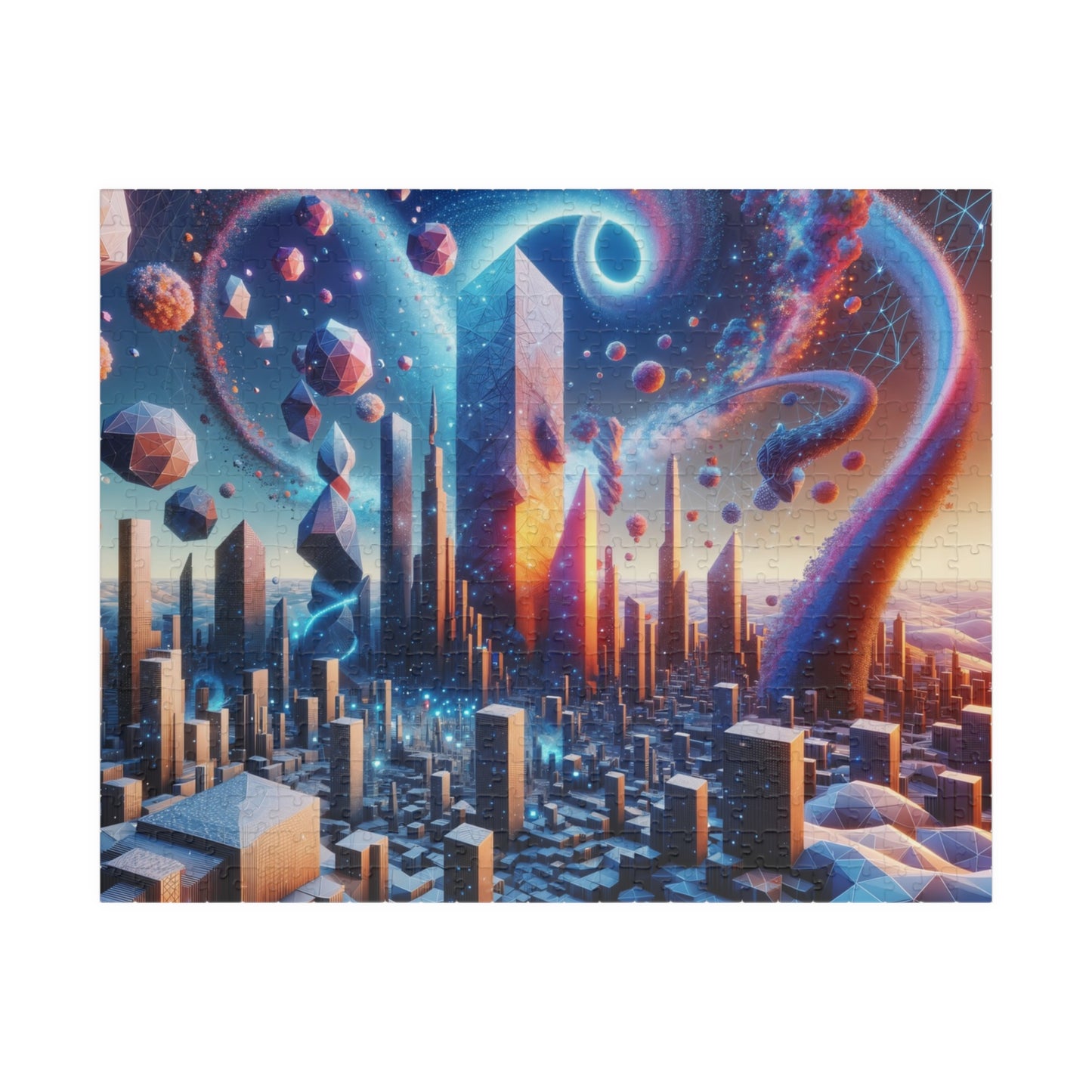 Cosmic Energy Cityscape Puzzle - Futuristic Metropolis with Swirling Patterns