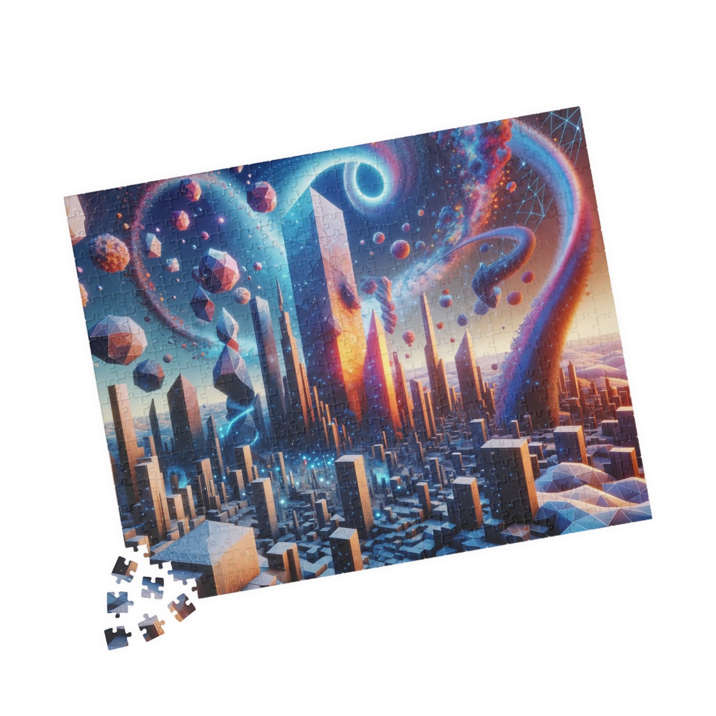 Cosmic Energy Cityscape Puzzle - Futuristic Metropolis with Swirling Patterns
